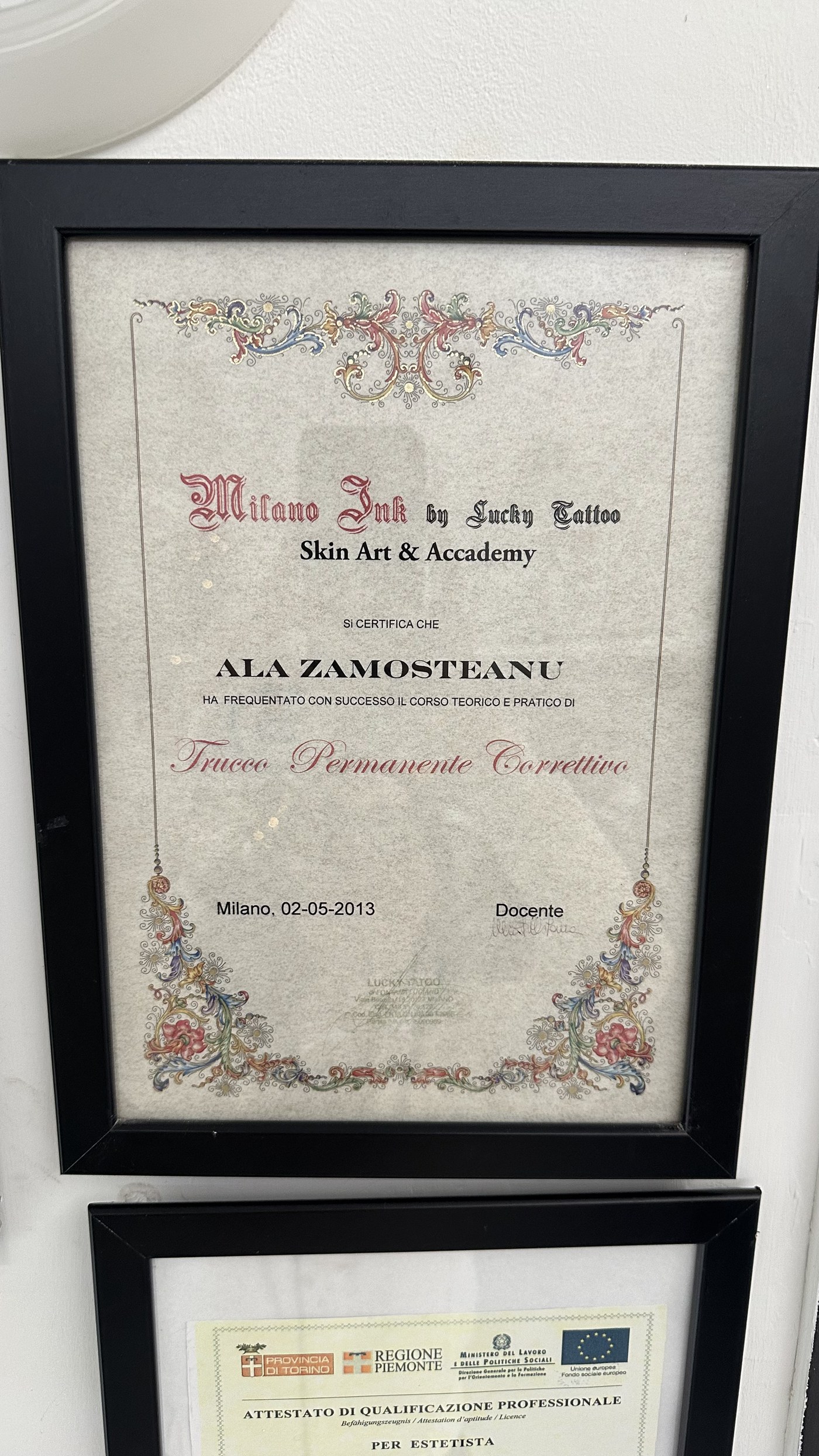 Dettaglio certificato professionale estetista Ala Zamosteanu